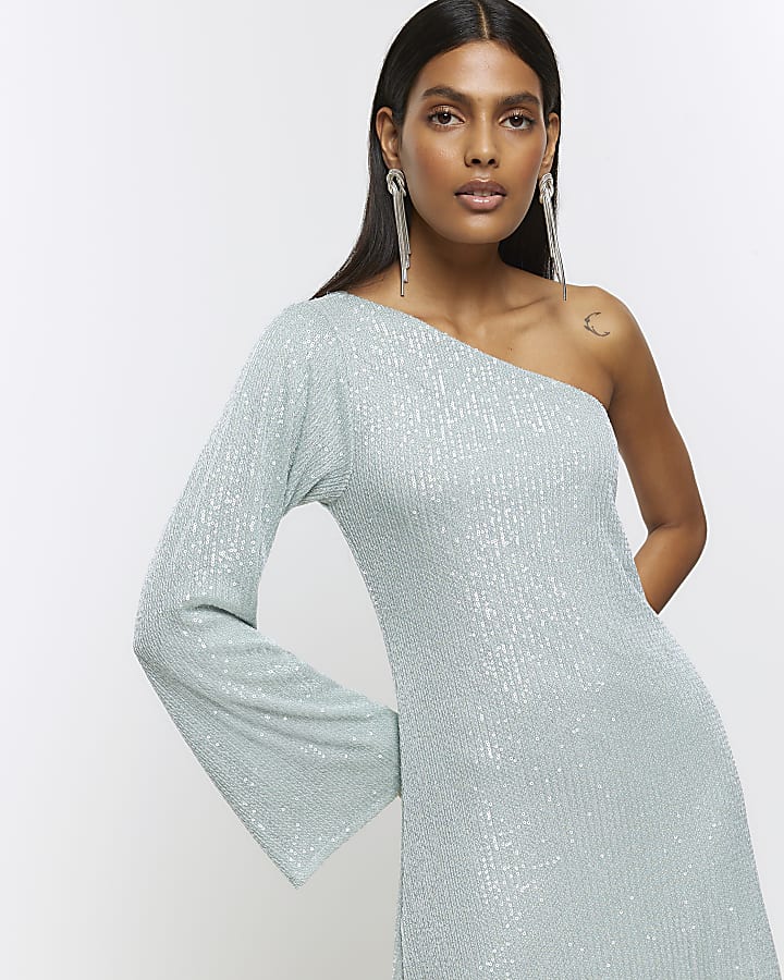 Green sequin one shoulder shift mini dress