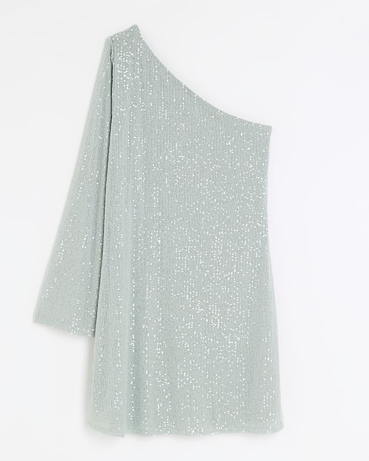 Green sequin one shoulder shift mini dress