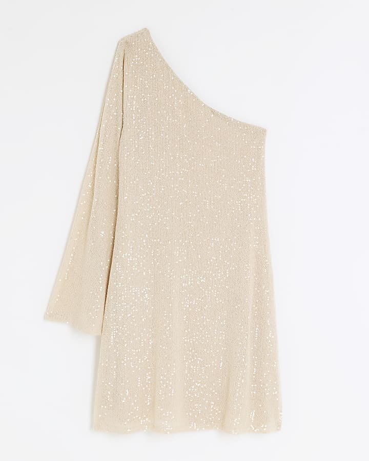 Cream sequin one shoulder shift mini dress