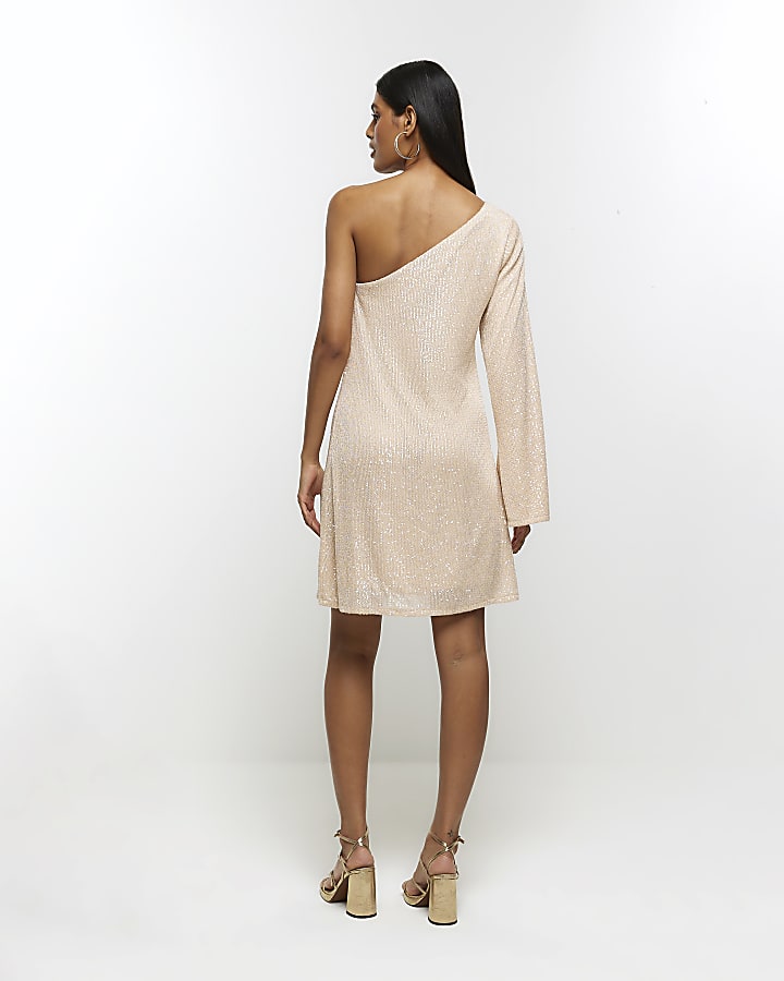 Cream sequin one shoulder shift mini dress