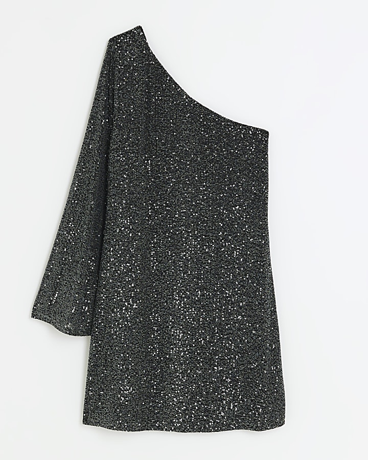 Grey sequin one shoulder shift mini dress