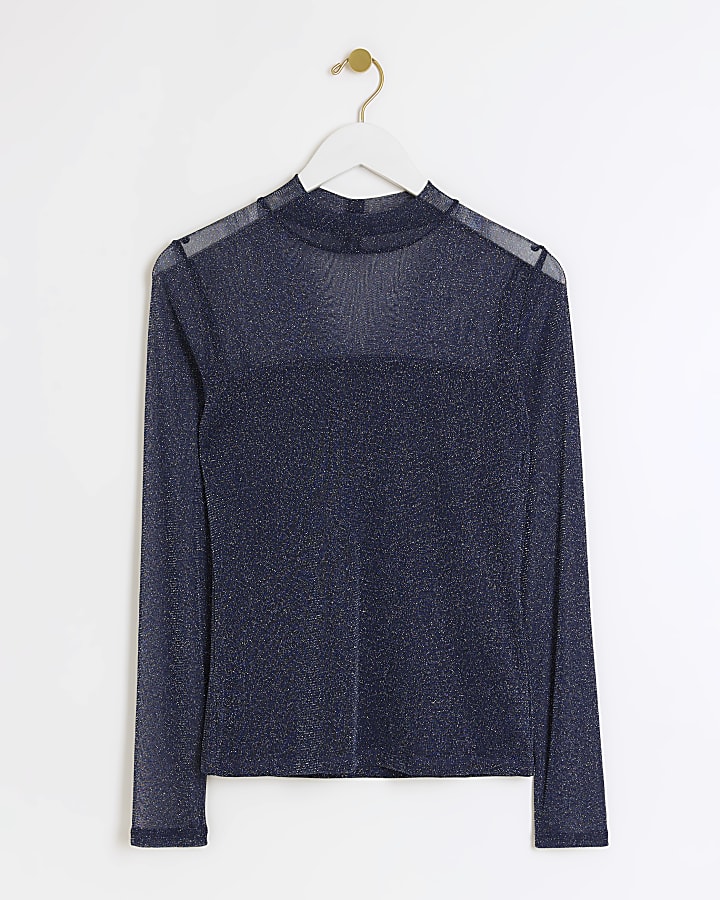 Blue mesh glitter long sleeve top