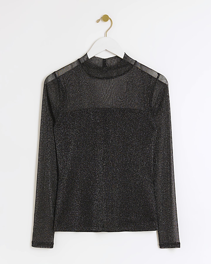 Black mesh glitter long sleeve top