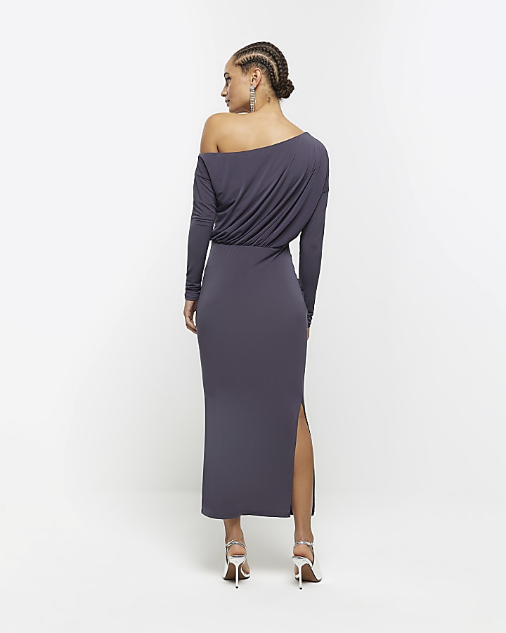 Grey off shoulder bodycon midi dress