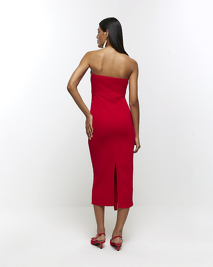 Red scuba bandeau midi dress