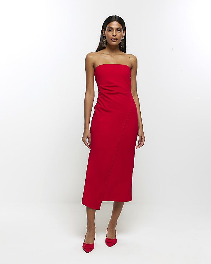 Red scuba bandeau midi dress