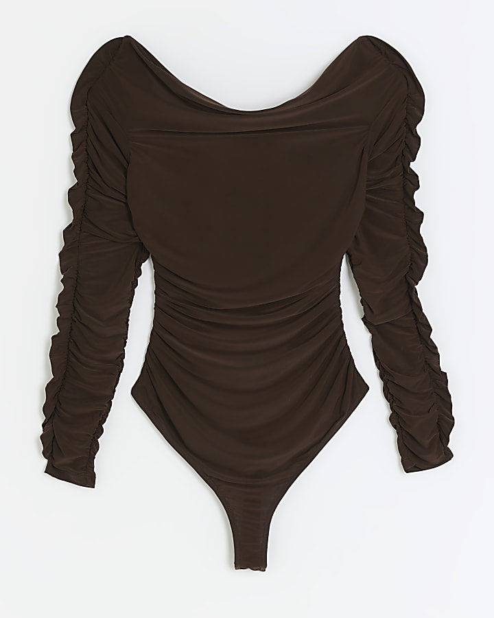 Brown ruched bardot bodysuit