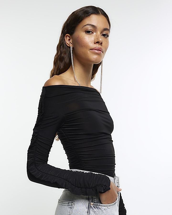 Black ruched bardot bodysuit