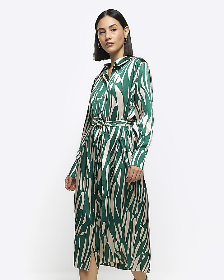 Green abstract belted midi shirt dress