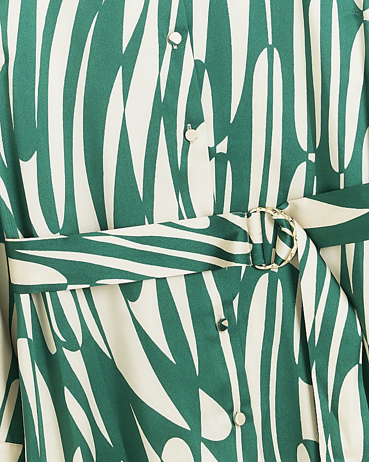 Green abstract belted midi shirt dress