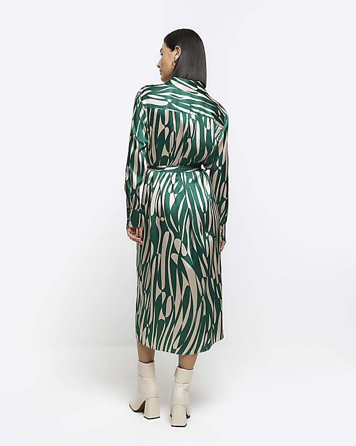 Green abstract belted midi shirt dress