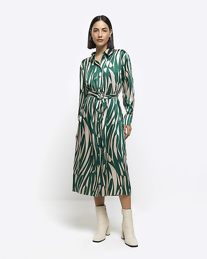 Green abstract belted midi shirt dress