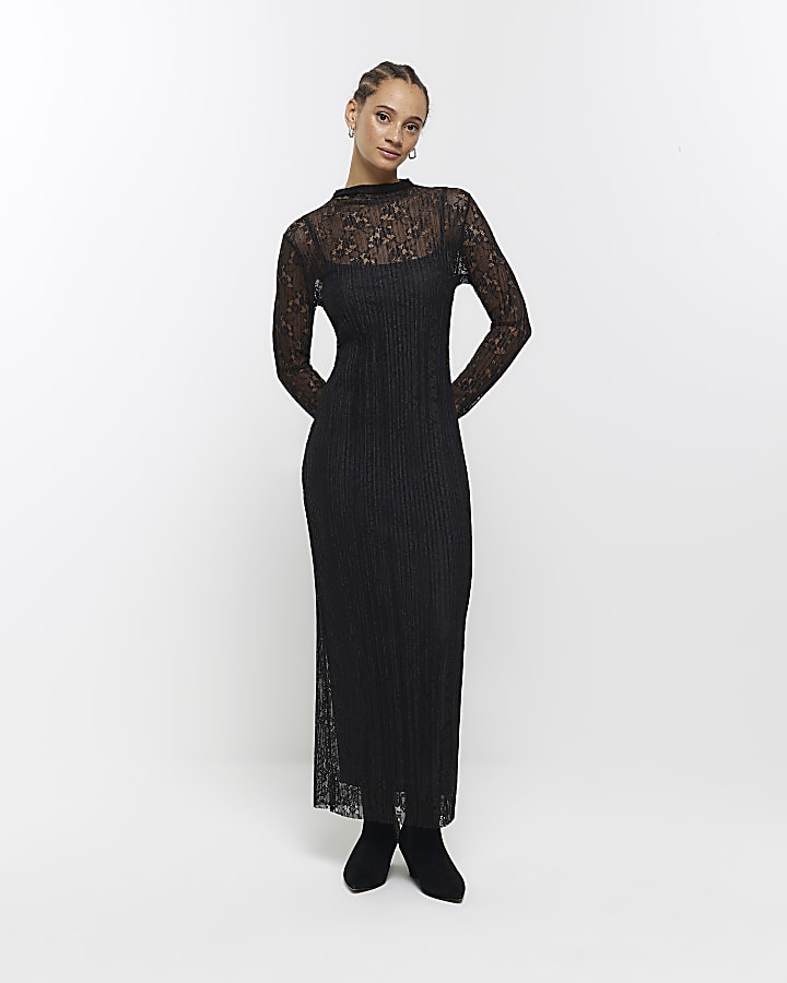 Black lace slip midi dress