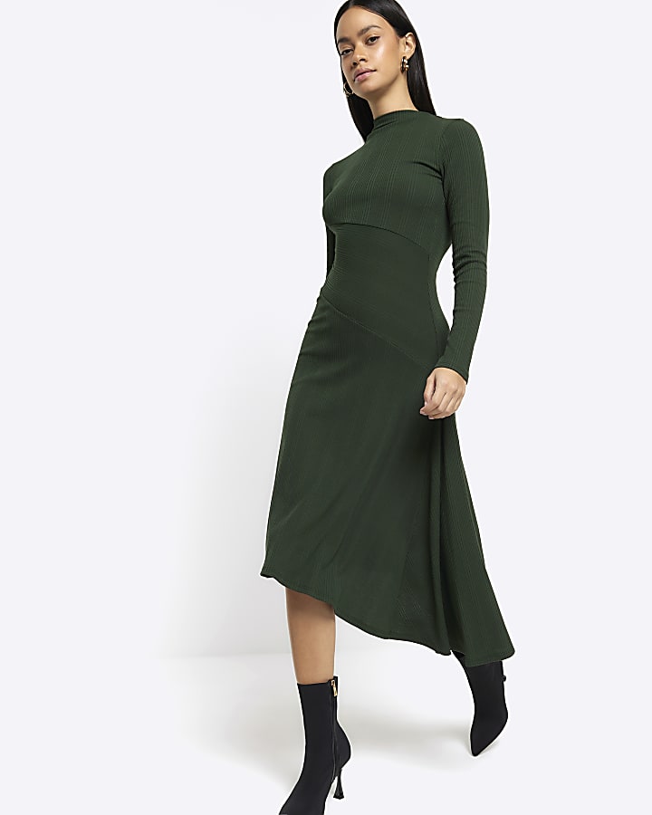 Green rib asymmetric bodycon midi dress