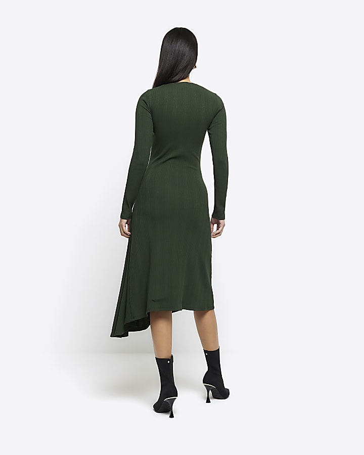 Green rib asymmetric bodycon midi dress