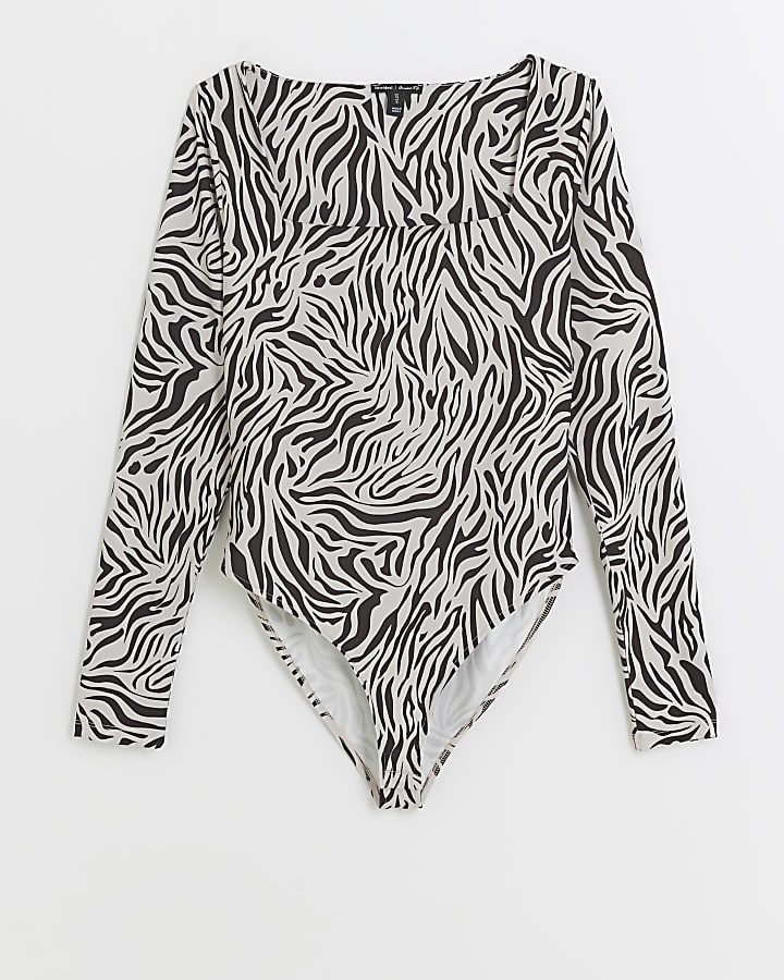 Beige animal print square neck bodysuit