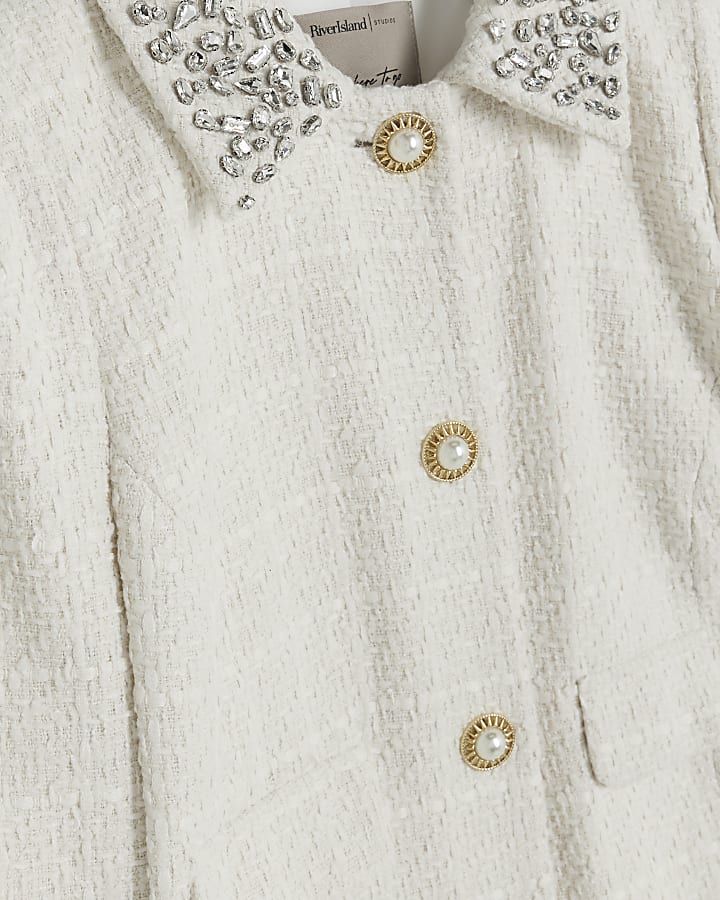 Cream embellished collar crop jacket