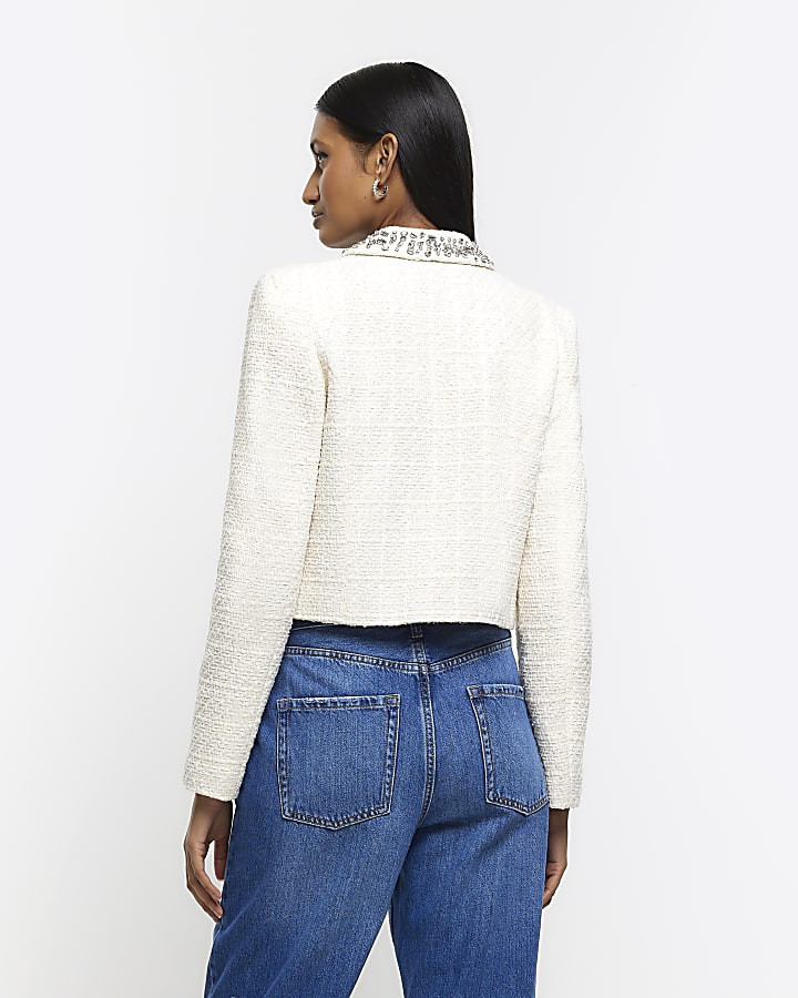 Cream embellished collar crop jacket