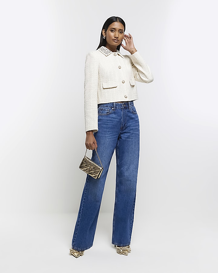 Cream embellished collar crop jacket