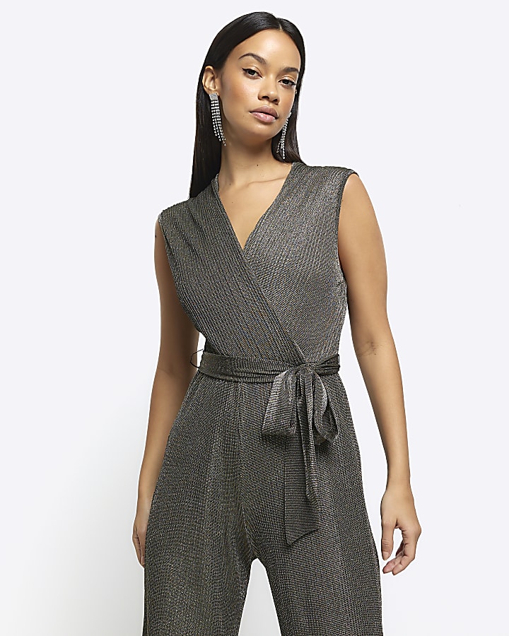 Bronze plisse wide leg wrap jumpsuit