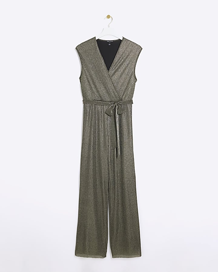 Bronze plisse wide leg wrap jumpsuit