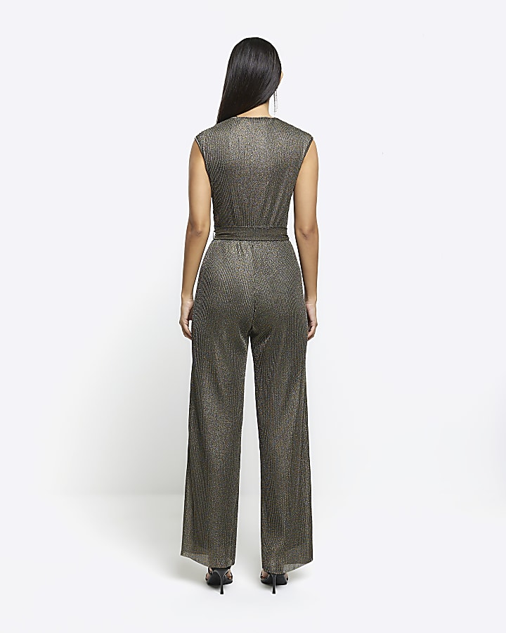 Bronze plisse wide leg wrap jumpsuit