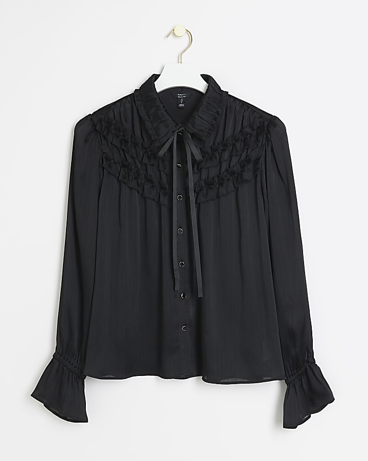 Black frill bow detail blouse