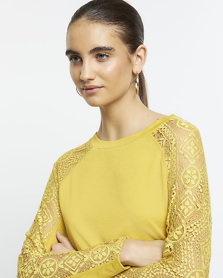 Yellow rib lace long sleeve top