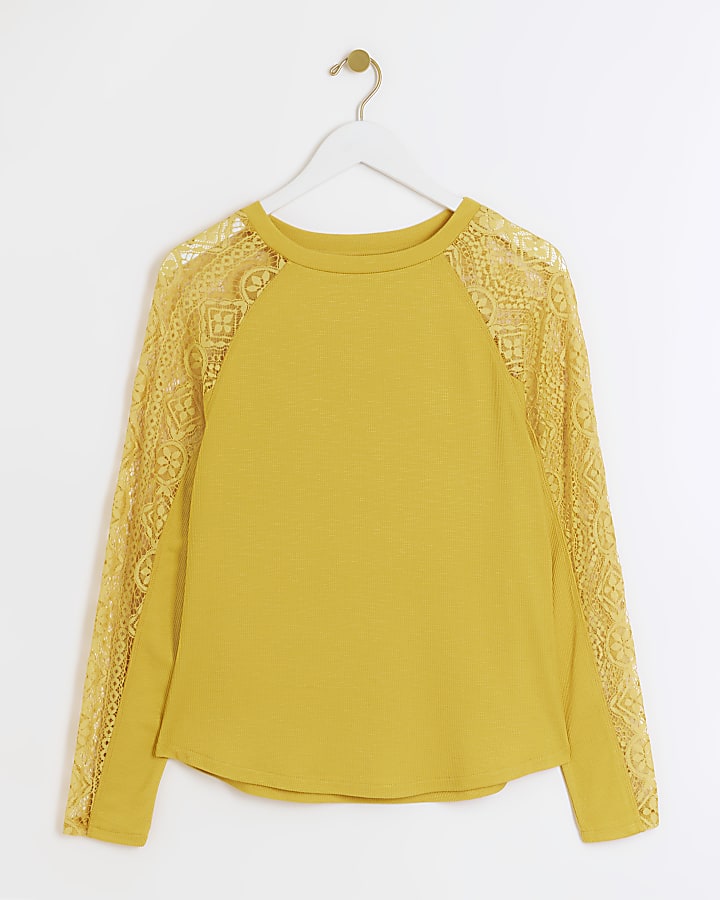 Yellow rib lace long sleeve top