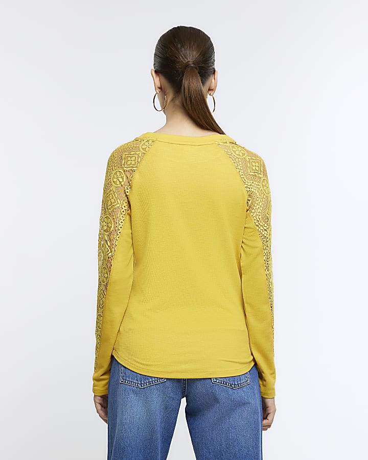 Yellow rib lace long sleeve top