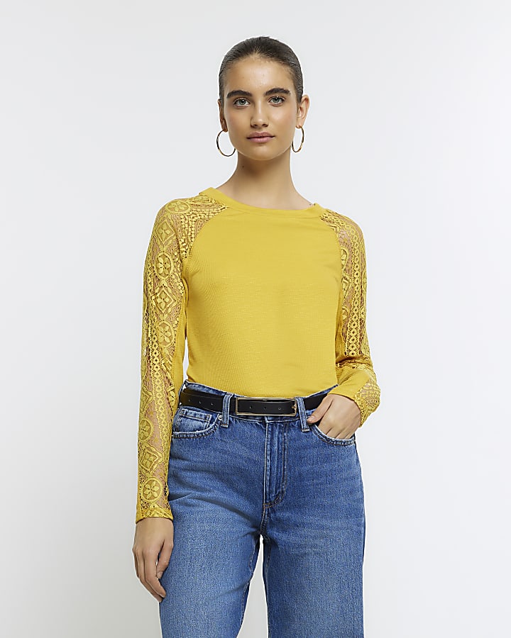 Yellow rib lace long sleeve top River Island