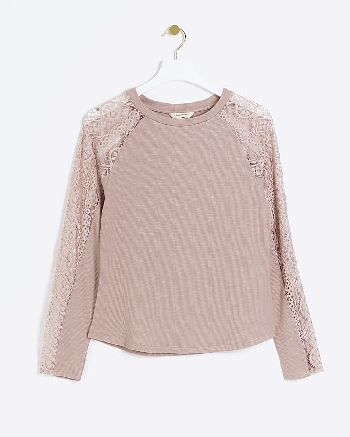 Pink rib lace long sleeve top