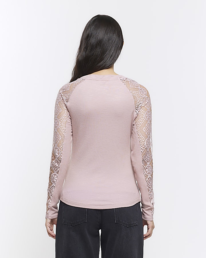 Pink rib lace long sleeve top