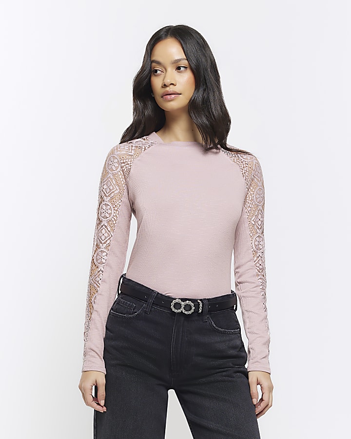 Pink rib lace long sleeve top