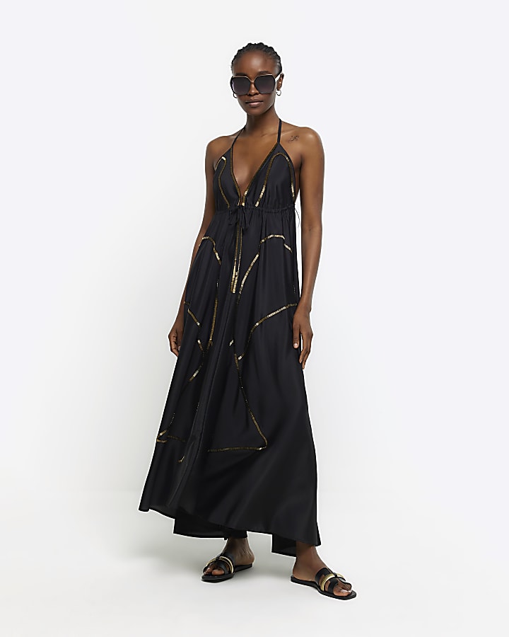 Black embellished plunge beach maxi dress River Island