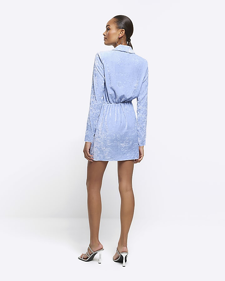 Blue velvet front twist shift mini dress