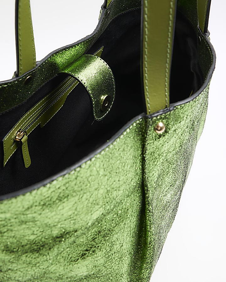 Green metallic leather shopper bag