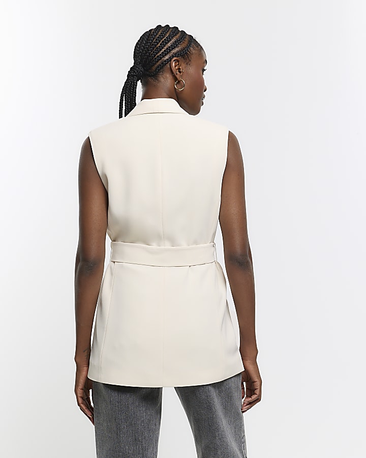 Cream Belted Longline Waistcoat