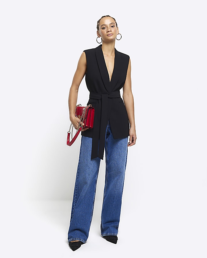 Black belted longline waistcoat