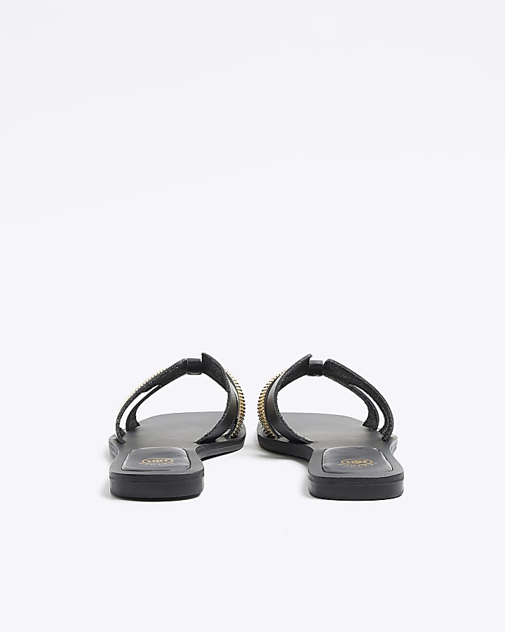 Black leather flat sandals