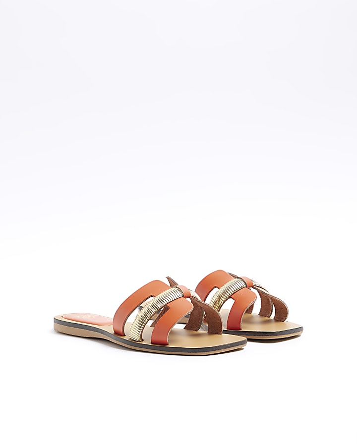 Orange leather flat sandals