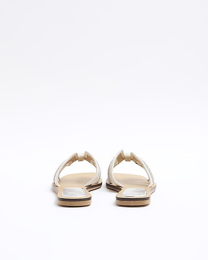 Beige raffia diamante flat sandals