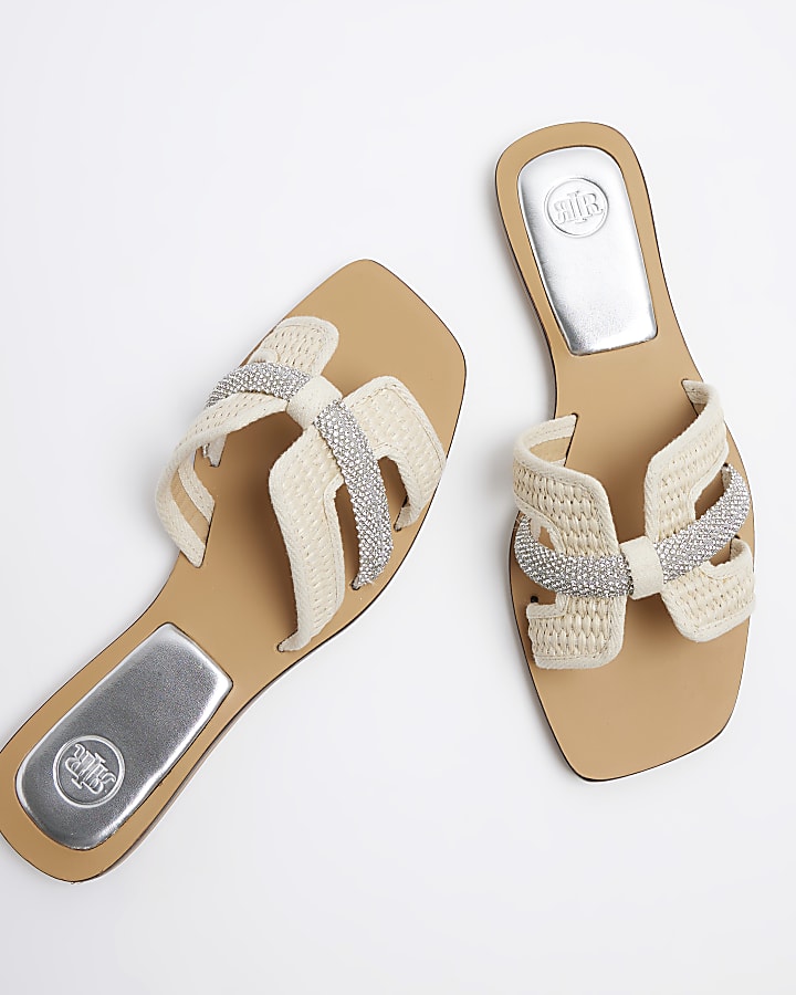 Beige raffia diamante flat sandals