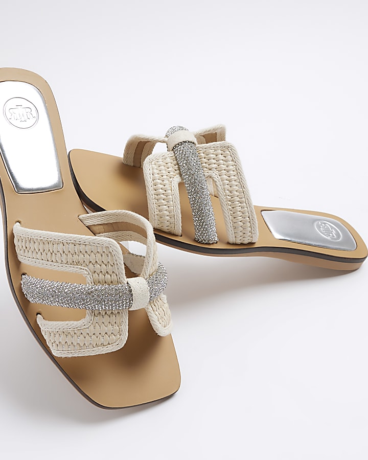 Beige raffia diamante flat sandals