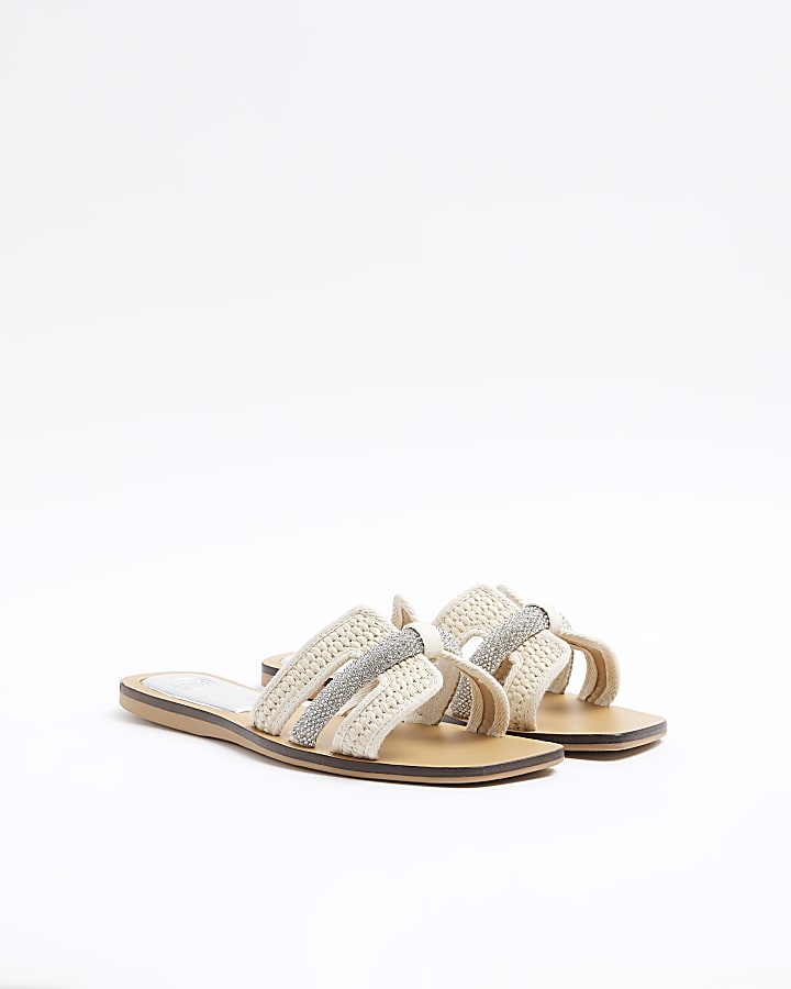 Beige raffia diamante flat sandals