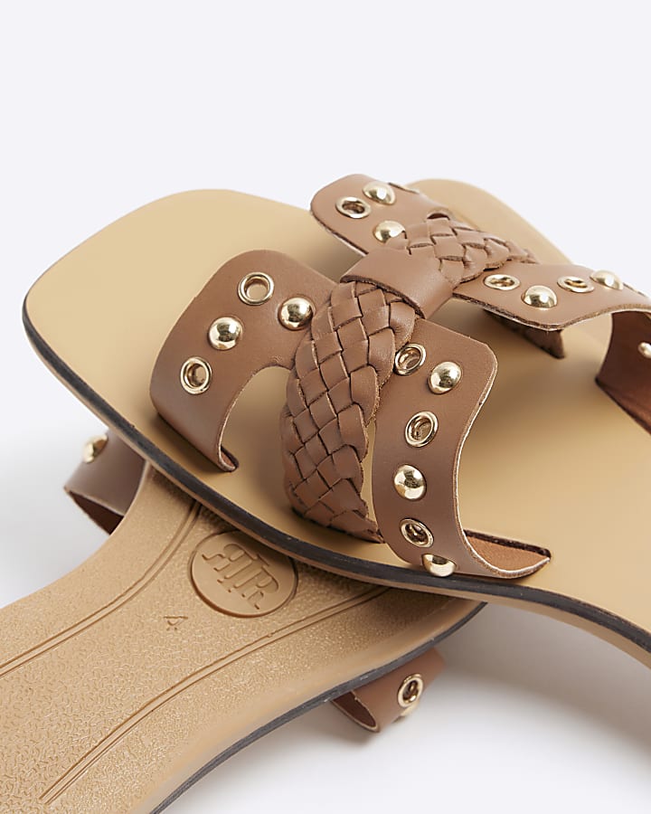 Brown leather studded flat sandals