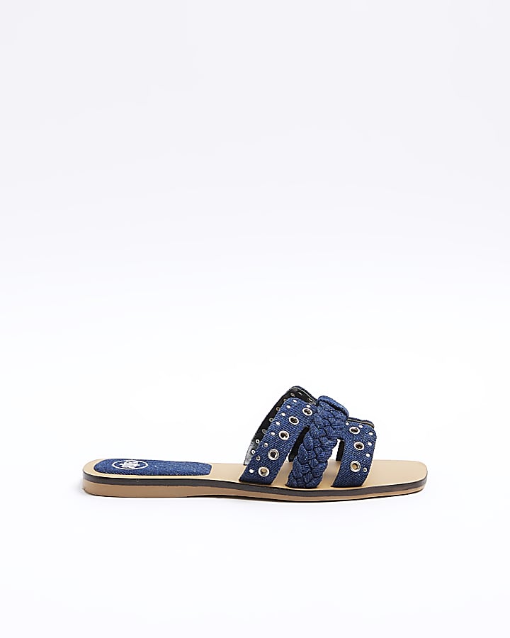 Blue denim eyelets flat sandals