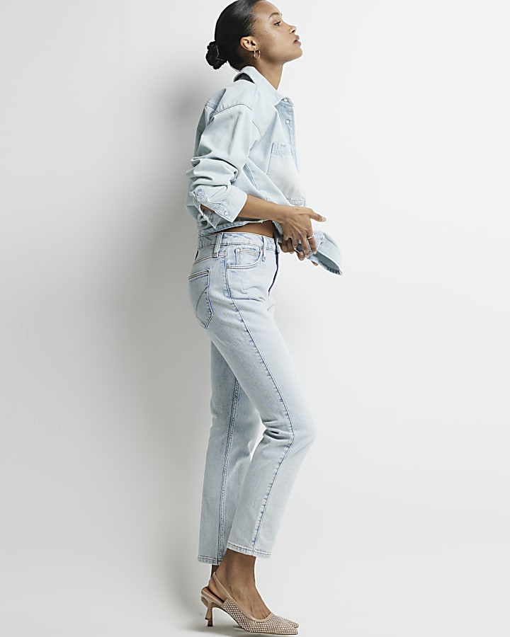 Light Blue high waisted slim straight jeans