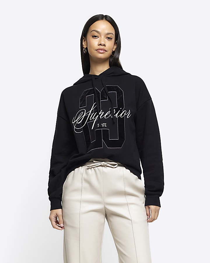 Black embroidered hoodie River Island