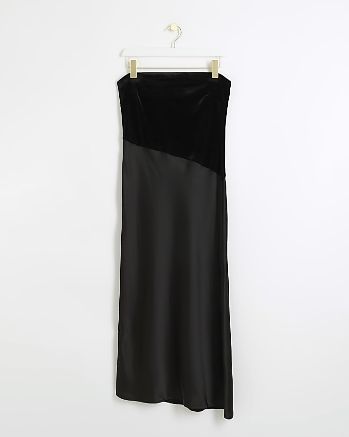 Black satin bandeau midi dress